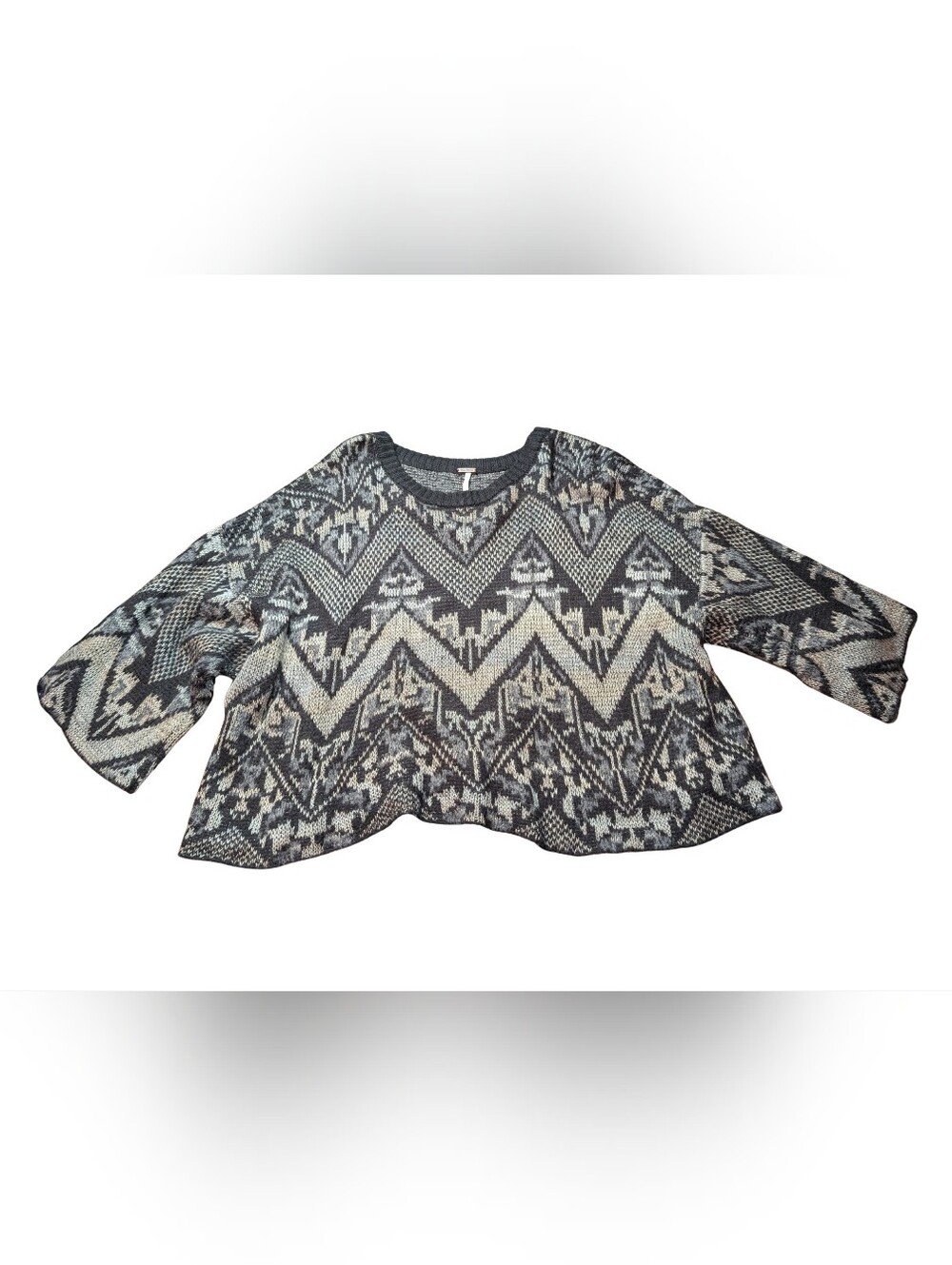 Free People Black & Gray Geometric Crewneck Sweater